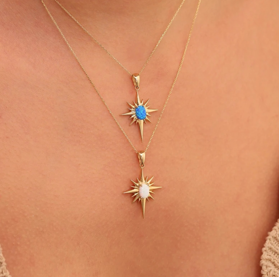 Celestial Glow Starburst Necklace with Opal Gemstone – Gold-Plated Spiritual Jewelry for Energy Alignment